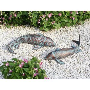 Set of 2 Koi Fish Sculpture for Outdoor, Statue Ornament, Metal Copper